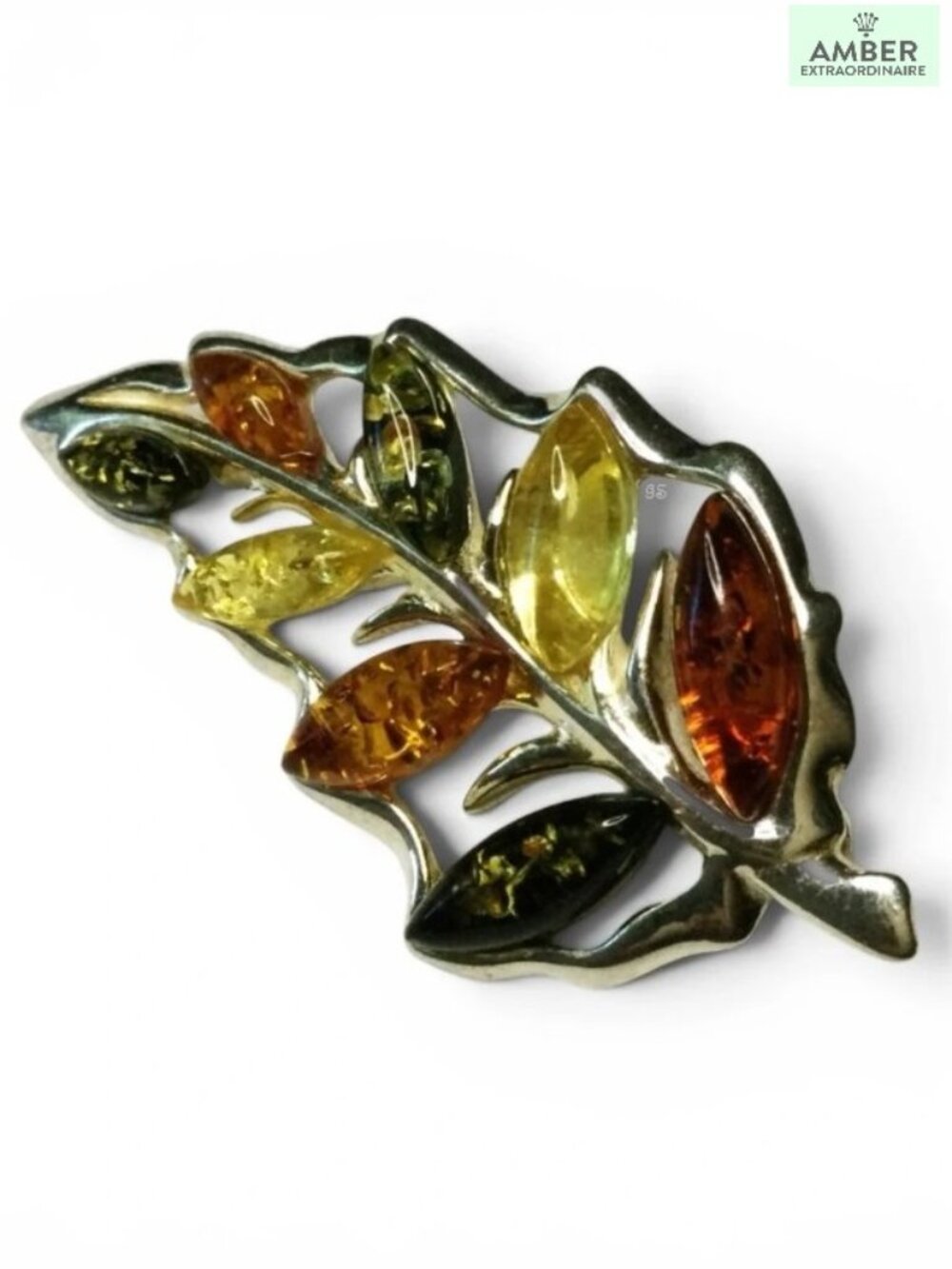 Vintage AMBER EXTRAORDINAIRE 925 Sterling Silver Baltic Amber Holly Leaf Brooch